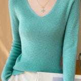 Casual Minimalist V-Neck Long-Sleeve Ribbed Texture Knitted Top