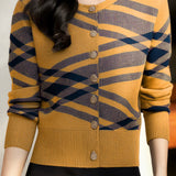 Casual Versatile Color-Block Geometric Striped Cardigan