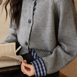 Casual Versatile Crew Neck Plaid Paneled Knitted Cardigan