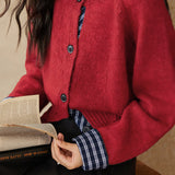 Casual Versatile Crew Neck Plaid Paneled Knitted Cardigan
