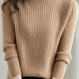 Casual Minimalist Pullover Half-High Neck Long-Sleeve Knitted Top