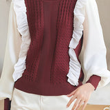 Casual Fake Two-Piece Ruffled Lace Paneled Knitted Top