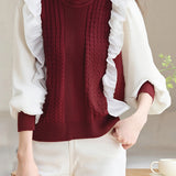 Casual Fake Two-Piece Ruffled Lace Paneled Knitted Top