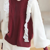 Casual Fake Two-Piece Ruffled Lace Paneled Knitted Top