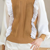 Casual Fake Two-Piece Ruffled Lace Paneled Knitted Top