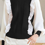 Casual Fake Two-Piece Ruffled Lace Paneled Knitted Top