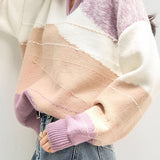 Casual Versatile Lapel Color-Block Geometric Pattern Knitted Top