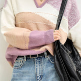 Casual Versatile Lapel Color-Block Geometric Pattern Knitted Top