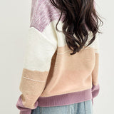 Casual Versatile Lapel Color-Block Geometric Pattern Knitted Top