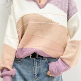 Casual Versatile Lapel Color-Block Geometric Pattern Knitted Top