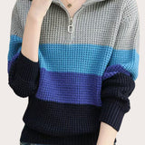 Casual Versatile Color-Block Half-Zip Lapel Sweater