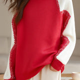 Casual Versatile Pullover Crew Neck Color-Blocked Sweater