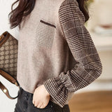 Casual Fake Two-Piece Bell-Sleeve Paneled Plaid Sweater