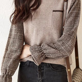 Casual Fake Two-Piece Bell-Sleeve Paneled Plaid Sweater