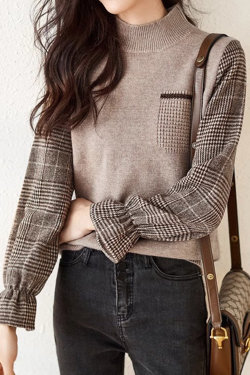Casual Fake Two-Piece Bell-Sleeve Paneled Plaid Sweater