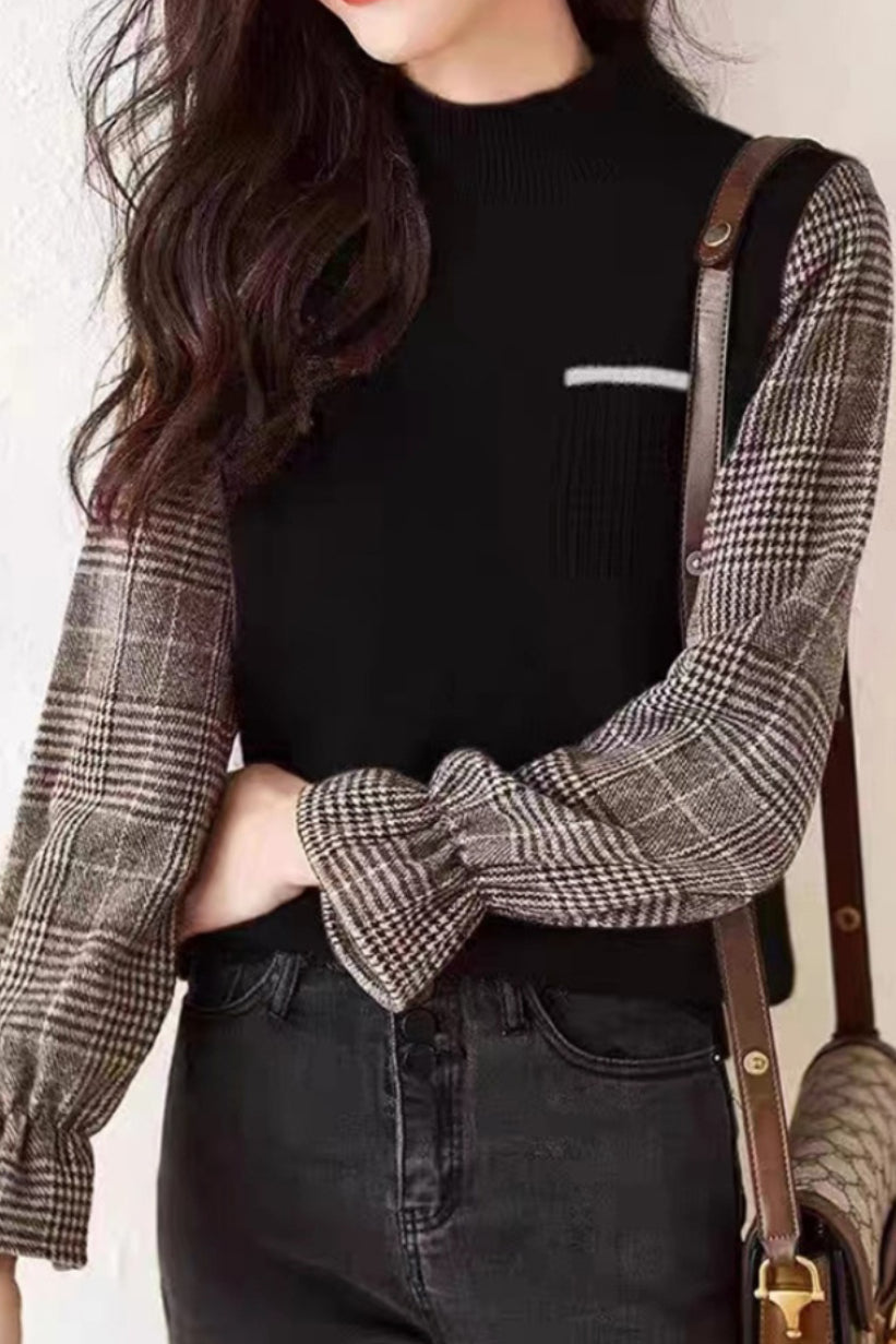 Casual Fake Two-Piece Bell-Sleeve Paneled Plaid Sweater