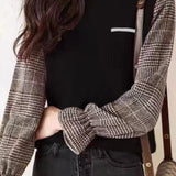 Casual Fake Two-Piece Bell-Sleeve Paneled Plaid Sweater