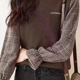 Casual Fake Two-Piece Bell-Sleeve Paneled Plaid Sweater