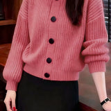 Casual Loose Solid-Color Crew Neck Knitted Cardigan