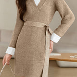 Casual Temperament Shirt Collar Paneled Fake Two-Piece Knitted Dress