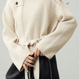 Casual Versatile Stand Collar Tie-Waist Solid-Color Knitted Cardigan