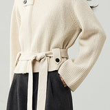 Casual Versatile Stand Collar Tie-Waist Solid-Color Knitted Cardigan