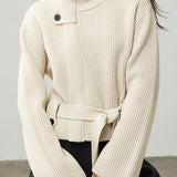 Casual Versatile Stand Collar Tie-Waist Solid-Color Knitted Cardigan