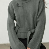 Casual Versatile Stand Collar Tie-Waist Solid-Color Knitted Cardigan