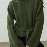 Casual Versatile Stand Collar Tie-Waist Solid-Color Knitted Cardigan