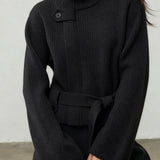 Casual Versatile Stand Collar Tie-Waist Solid-Color Knitted Cardigan