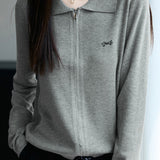 Casual Versatile Lapel Solid-Color Embroidered Zipper Knitted Cardigan