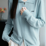 Casual Versatile Lapel Solid-Color Embroidered Zipper Knitted Cardigan