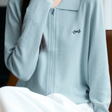 Casual Versatile Lapel Solid-Color Embroidered Zipper Knitted Cardigan