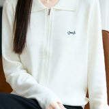 Casual Versatile Lapel Solid-Color Embroidered Zipper Knitted Cardigan