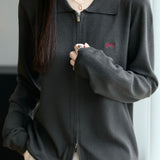 Casual Versatile Lapel Solid-Color Embroidered Zipper Knitted Cardigan