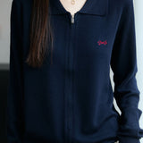 Casual Versatile Lapel Solid-Color Embroidered Zipper Knitted Cardigan