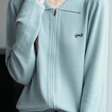 Casual Versatile Lapel Solid-Color Embroidered Zipper Knitted Cardigan