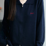Casual Versatile Lapel Solid-Color Embroidered Zipper Knitted Cardigan