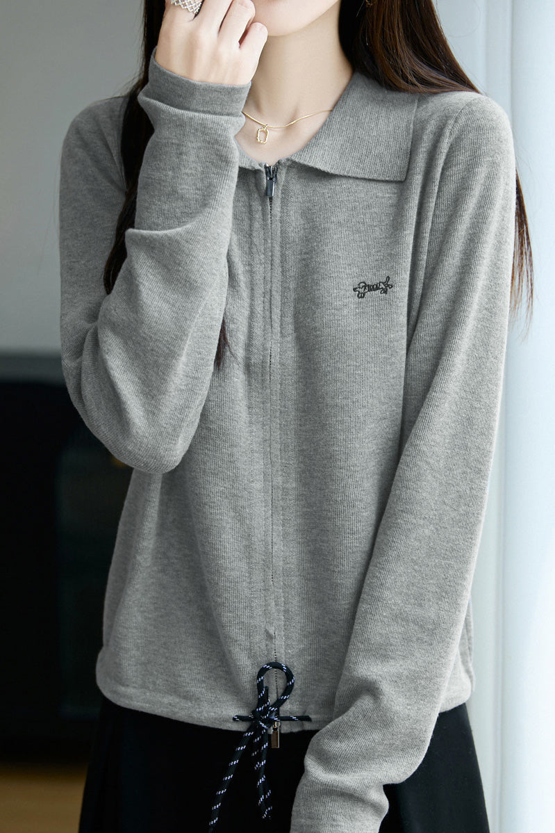 Casual Versatile Lapel Solid-Color Embroidered Zipper Knitted Cardigan - liwisi