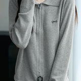 Casual Versatile Lapel Solid-Color Embroidered Zipper Knitted Cardigan