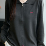 Casual Versatile Lapel Solid-Color Embroidered Zipper Knitted Cardigan