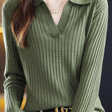 Casual Solid-Color Buttonless Shirt Collar Plaid Knitted Top