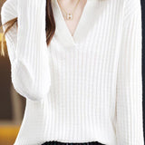 Casual Solid-Color Buttonless Shirt Collar Plaid Knitted Top