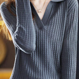 Casual Solid-Color Buttonless Shirt Collar Plaid Knitted Top