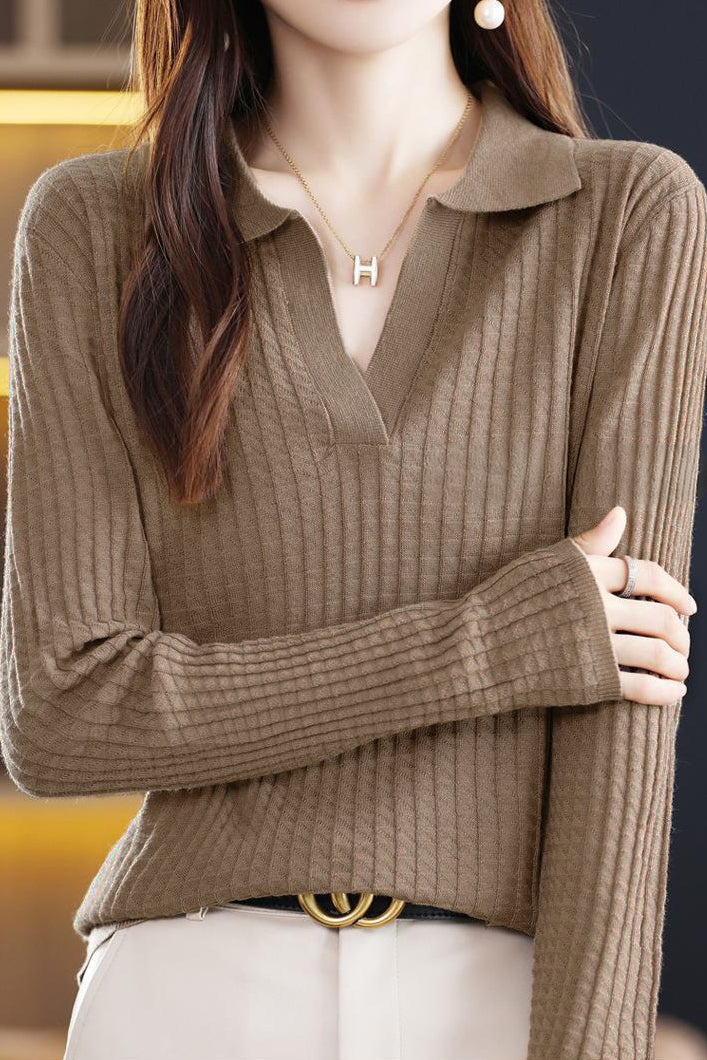 Casual Solid-Color Buttonless Shirt Collar Plaid Knitted Top - liwisi