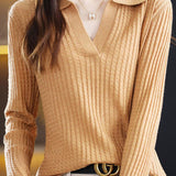 Casual Solid-Color Buttonless Shirt Collar Plaid Knitted Top