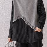 Casual Paneled Versatile Fake Two-Piece Long-Sleeve Shirt