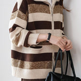 Casual High Neck Double-Zip Color-Block Striped Knitted Coat