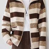 Casual High Neck Double-Zip Color-Block Striped Knitted Coat