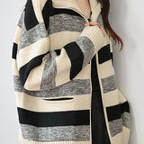 Casual High Neck Double-Zip Color-Block Striped Knitted Coat